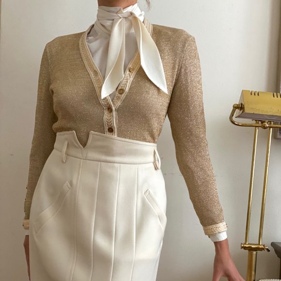 SOLD Vintage 70s Beene Bazaar Metallic Gold Button Cardigan (Small) - Picture 2 of 8